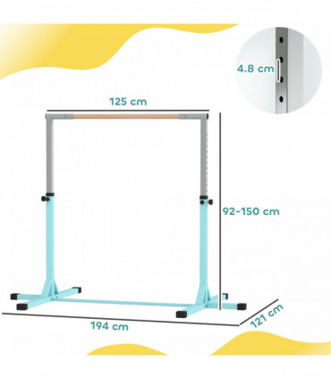 HOMCOM Adjustable Kids Gymnastics Bar Horizontal Training Steel, Light Blue