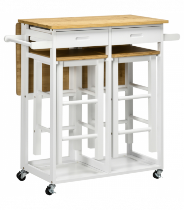 HOMCOM Bamboo Breakfast Cart with Drop Leaf Table and 2 Stools