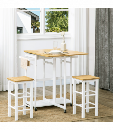 HOMCOM Bamboo Breakfast Cart with Drop Leaf Table and 2 Stools