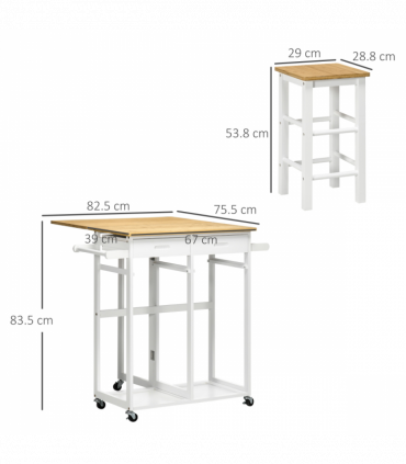 HOMCOM Bamboo Breakfast Cart with Drop Leaf Table and 2 Stools
