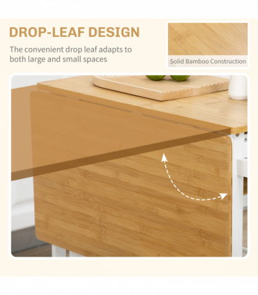 HOMCOM Bamboo Breakfast Cart with Drop Leaf Table and 2 Stools