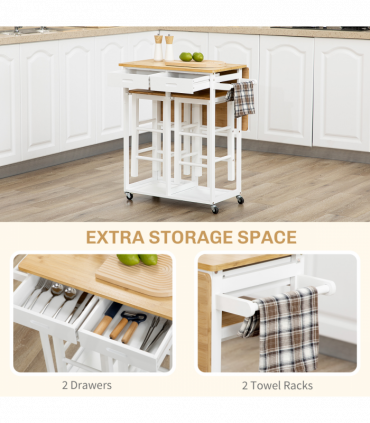 HOMCOM Bamboo Breakfast Cart with Drop Leaf Table and 2 Stools