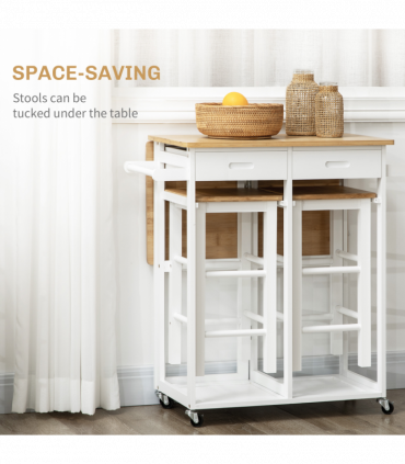 HOMCOM Bamboo Breakfast Cart with Drop Leaf Table and 2 Stools