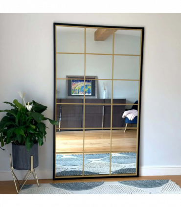 Kyō - Full Length Black and Gold Metal Rectangle Lattice Grid Mirror - 180cm x 105cm.