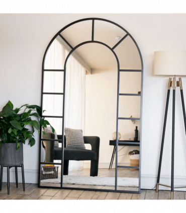 Mio - Full Length Black Metal Arched Window Mirror - 180cm x 90cm.