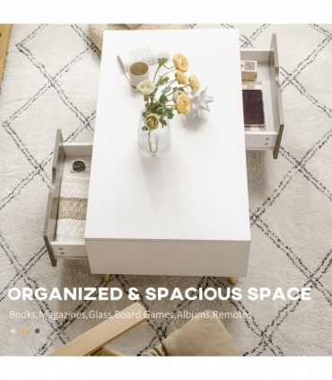 Modern Coffee Tables for Living Room w/ Storage Shelves, 2 Drawers, White