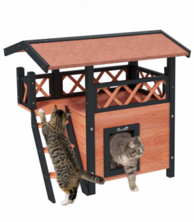 PawHut Outdoor Cat House with Balcony Stairs Roof, Brown