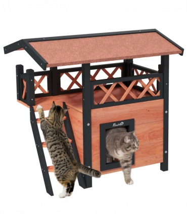 PawHut Outdoor Cat House with Balcony Stairs Roof, Brown