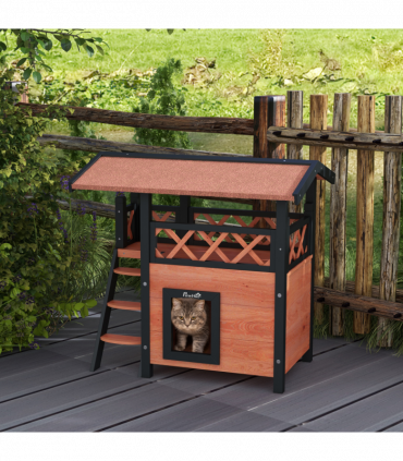 PawHut Outdoor Cat House with Balcony Stairs Roof, Brown