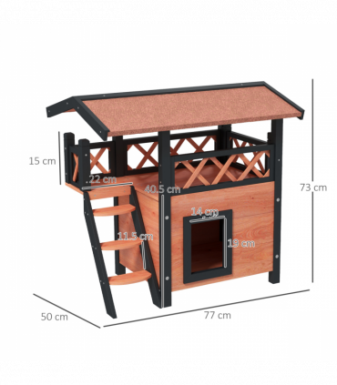 PawHut Outdoor Cat House with Balcony Stairs Roof, Brown