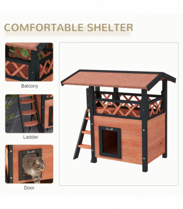 PawHut Outdoor Cat House with Balcony Stairs Roof, Brown