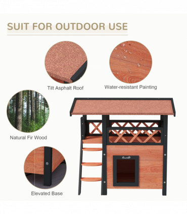 PawHut Outdoor Cat House with Balcony Stairs Roof, Brown