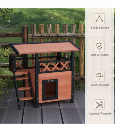 PawHut Outdoor Cat House with Balcony Stairs Roof, Brown