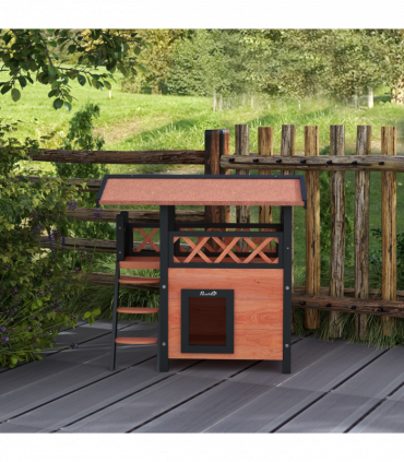 PawHut Outdoor Cat House with Balcony Stairs Roof, Brown