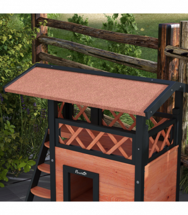 PawHut Outdoor Cat House with Balcony Stairs Roof, Brown