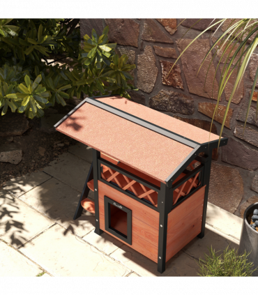 PawHut Outdoor Cat House with Balcony Stairs Roof, Brown