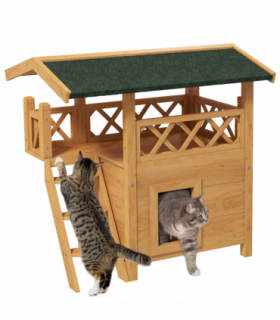 PawHut Outdoor Cat House with Balcony Stairs Roof, Natural Wood Finish