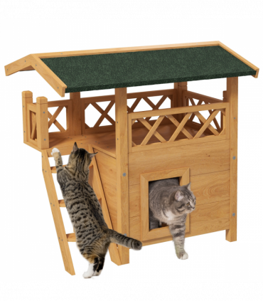 PawHut Outdoor Cat House with Balcony Stairs Roof, Natural Wood Finish