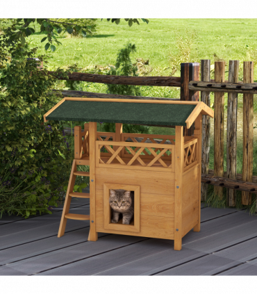 PawHut Outdoor Cat House with Balcony Stairs Roof, Natural Wood Finish