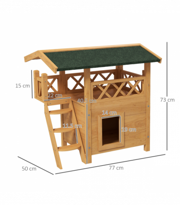 PawHut Outdoor Cat House with Balcony Stairs Roof, Natural Wood Finish