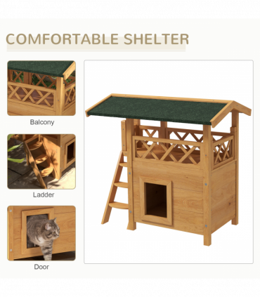 PawHut Outdoor Cat House with Balcony Stairs Roof, Natural Wood Finish
