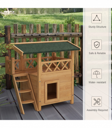 PawHut Outdoor Cat House with Balcony Stairs Roof, Natural Wood Finish