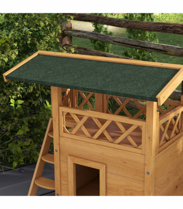 PawHut Outdoor Cat House with Balcony Stairs Roof, Natural Wood Finish