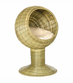 PawHut Raised Cat House, Natural Mat Grass Cat Bed w/ Stand Cushion, 41x 69 cm