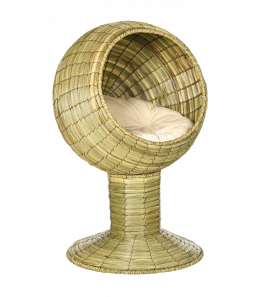 PawHut Raised Cat House, Natural Mat Grass Cat Bed w/ Stand Cushion, 41x 69 cm