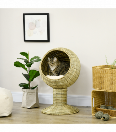 PawHut Raised Cat House, Natural Mat Grass Cat Bed w/ Stand Cushion, 41x 69 cm
