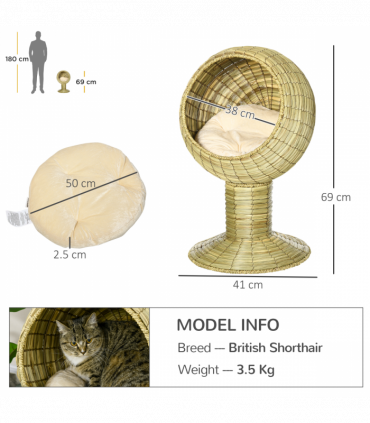 PawHut Raised Cat House, Natural Mat Grass Cat Bed w/ Stand Cushion, 41x 69 cm