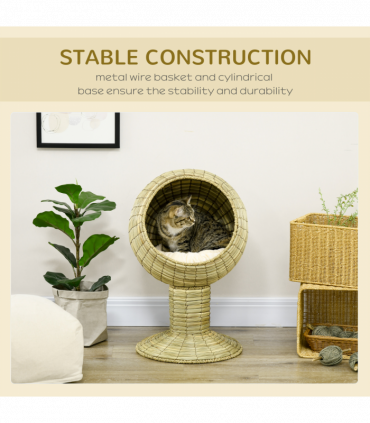 PawHut Raised Cat House, Natural Mat Grass Cat Bed w/ Stand Cushion, 41x 69 cm