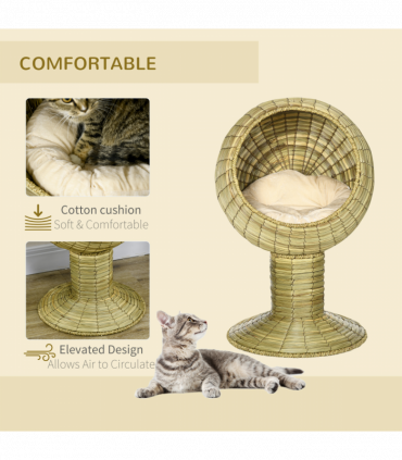 PawHut Raised Cat House, Natural Mat Grass Cat Bed w/ Stand Cushion, 41x 69 cm