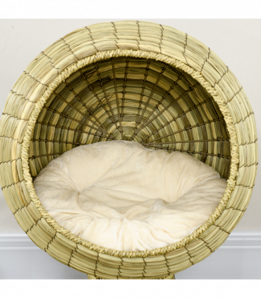 PawHut Raised Cat House, Natural Mat Grass Cat Bed w/ Stand Cushion, 41x 69 cm