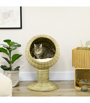 PawHut Raised Cat House, Natural Mat Grass Cat Bed w/ Stand Cushion, 41x 69 cm