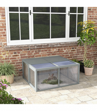PawHut Wooden Folding Rabbit Run for 2-3 Rabbits, Guinea Pig, Grey