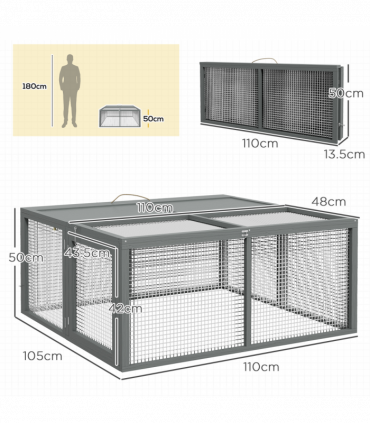 PawHut Wooden Folding Rabbit Run for 2-3 Rabbits, Guinea Pig, Grey