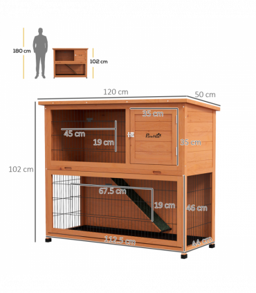 PawHut Wooden Rabbit Hutch Antiseptic Outdoor, for 1-2 Rabbits, Orange