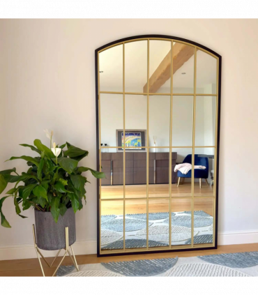 Tomi- Full Length Black & Gold Metal Arched Lattice Window Mirror - 180cm x 105cm