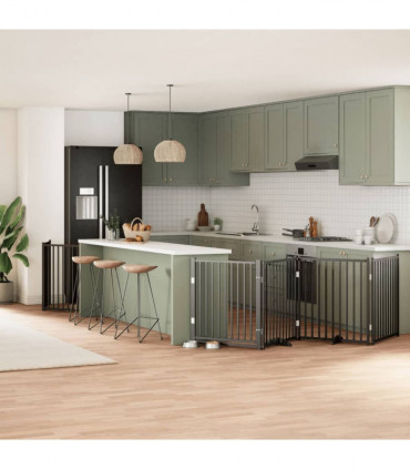 vidaXL Dog Gate with Door Foldable 6 Panels Black 480 cm Poplar Wood