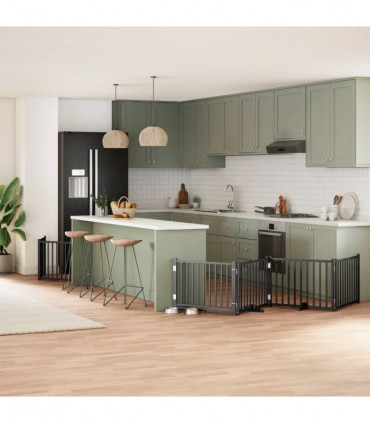 vidaXL Dog Gate with Door Foldable 8 Panels Black 640 cm Poplar Wood