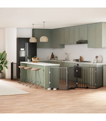 vidaXL Dog Gate with Door Foldable 8 Panels Black 640 cm Poplar Wood