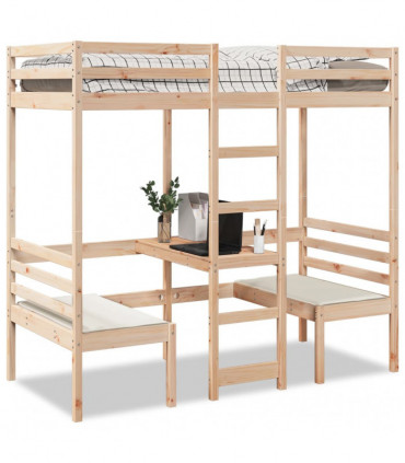 vidaXL Loft Bed Frame with Desk and Chairs 80x200cm Solid Wood Pine