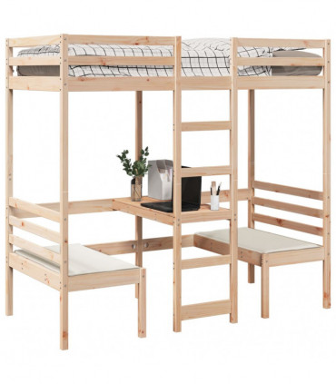 vidaXL Loft Bed Frame with Desk and Chairs 80x200cm Solid Wood Pine
