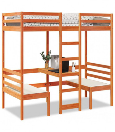 vidaXL Loft Bed Frame with Desk and Chairs Wax Brown 75x190cm Solid Wood Pine