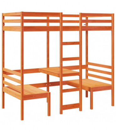 vidaXL Loft Bed Frame with Desk and Chairs Wax Brown 75x190cm Solid Wood Pine