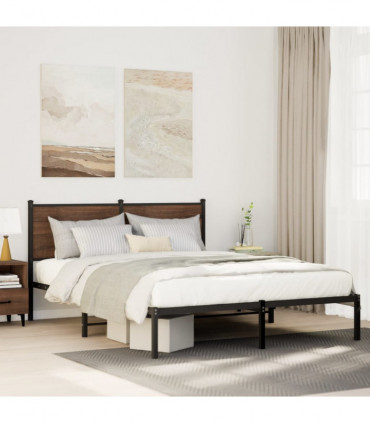 vidaXL Metal Bed Frame with Headboard Brown Oak 150x200 cm King Size