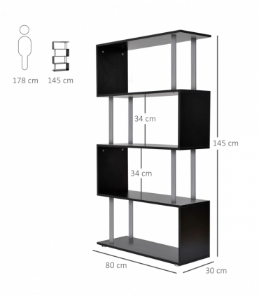 Wooden S Shape Storage Unit Bookshelf Lounge Display Room Divider-Black