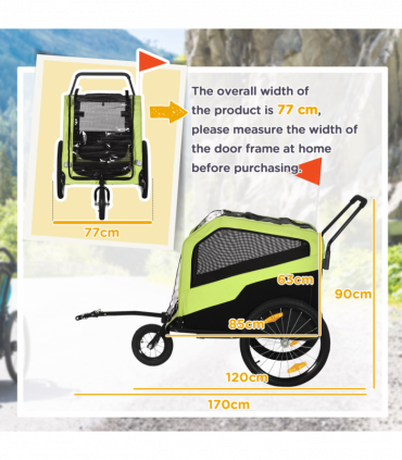 Pet Stroller 2-in-1 Dog Bike Trailer for Large Dogs - Green Steel Oxford Fabric