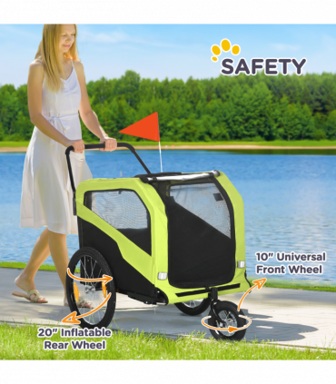 Pet Stroller 2-in-1 Dog Bike Trailer for Large Dogs - Green Steel Oxford Fabric